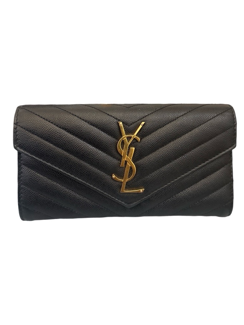 Saint Laurent Black Chevron Leather Wallet with Gold YSL Emblem Crossbody